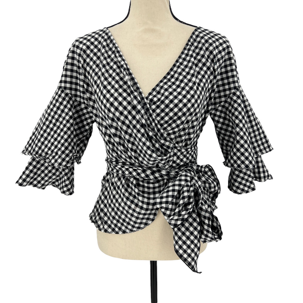 Wayf Gingham Print Wrap Top with Ruffle Sleeves Size XS